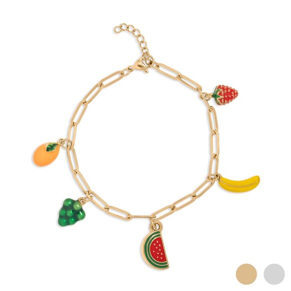 18K Gold PVD Stainless Steel Fruit Charm Bracelet | Colorful Non-Tarnishing Luxe - Picture 1 of 6